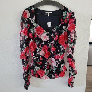 Maurice's NWT Women's Size L | Navy Blue Floral V-Neck | Sheer Sleeves